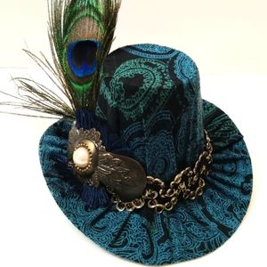Renaissance Elizabethan mini riding hat black, green, blue peacock feather